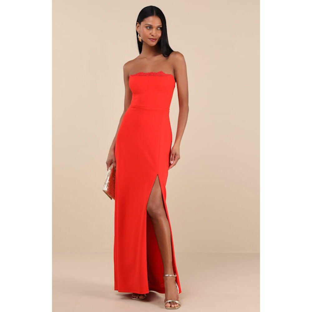 Lulus Memorably Iconic Red Strapless Lace Bustier Maxi Dress - Size M